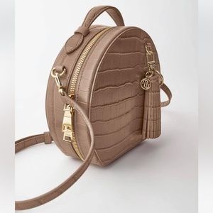 New MAJE PARIS Hatbox Leather Crossbody Bag in Embossed Camel Color